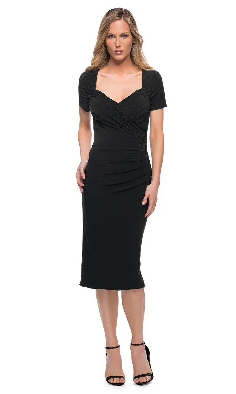Wedding guest dresses with ruched bodices and spaghetti strapsLa Femme - 29510 Ruched Knee-Length Dress Wedding guest dresses with ruched bodices and spaghetti strapsLa Femme - 29510 Ruched Knee-Length Dress