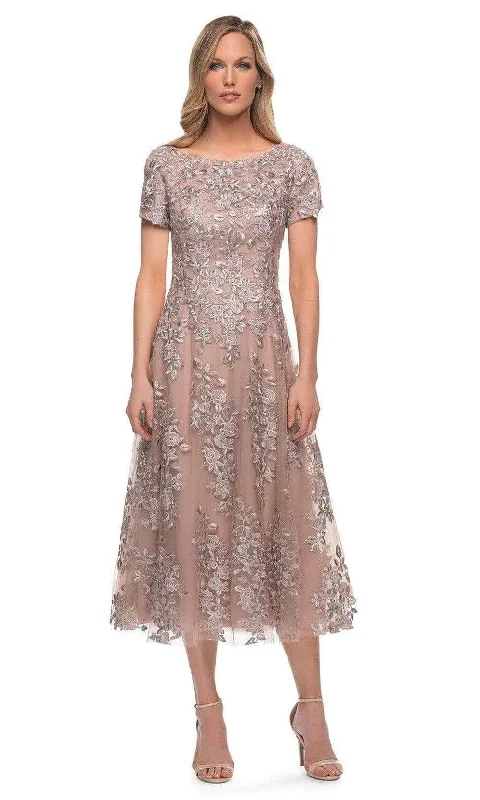 Ribbed - texture wedding guest dresses in neutral colorsLa Femme - 29830 Floral A-line Tea Length Dress Ribbed - texture wedding guest dresses in neutral colorsLa Femme - 29830 Floral A-line Tea Length Dress