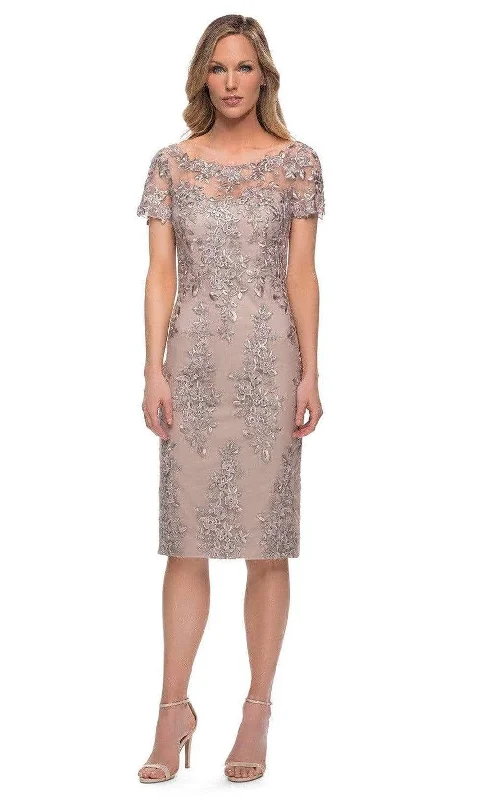 Wedding guest dresses with keyhole backs and flowing fabricsLa Femme - 29930 Illusion Jewel Floral Midi Dress Wedding guest dresses with keyhole backs and flowing fabricsLa Femme - 29930 Illusion Jewel Floral Midi Dress