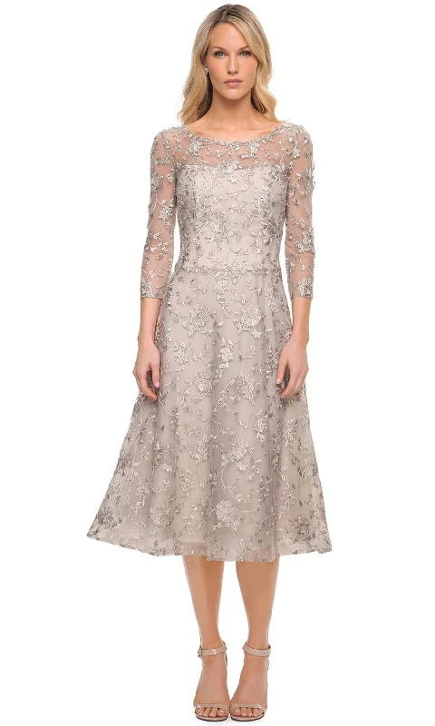 Sheer wedding guest dresses with lace inserts and long sleevesLa Femme 30004 - Laced A Line Dress Sheer wedding guest dresses with lace inserts and long sleevesLa Femme 30004 - Laced A Line Dress