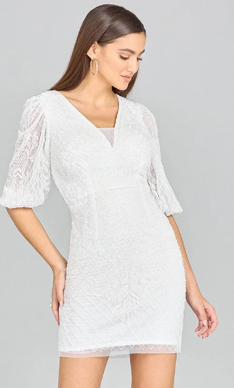 Asymmetric - hem wedding guest dresses in metallic huesLara Dresses 51118 - Puff Sleeve Beaded Bridal Dress