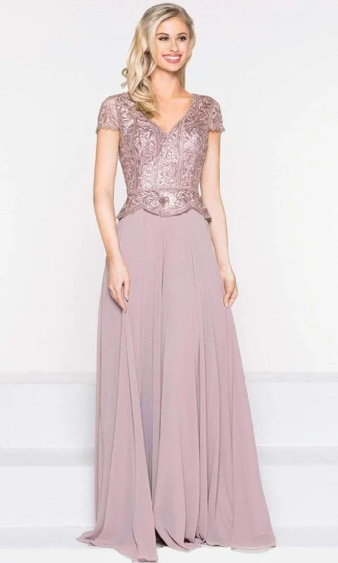 Printed wedding guest dresses with tropical motifs for beach weddingsMarsoni by Colors - M243 Short Sleeve Embroidered Peplum Chiffon Gown