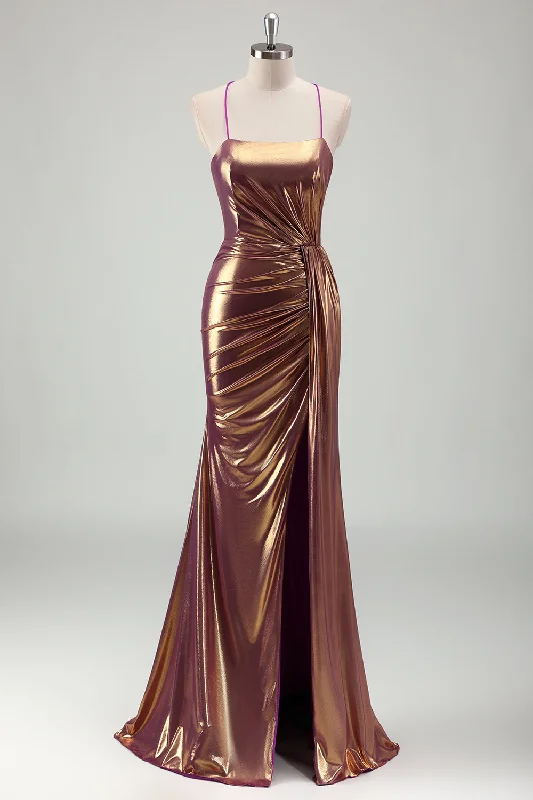 Animal - print cocktail dresses with a V - neck for a fierce lookMetallic Gold Mermaid Spaghetti Straps Ruched Long Prom Dress with Slit Animal - print cocktail dresses with a V - neck for a fierce lookMetallic Gold Mermaid Spaghetti Straps Ruched Long Prom Dress with Slit