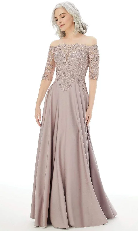 Wrap - style wedding guest dresses with bow accentsMGNY By Mori Lee - 72220 Off Shoulder Embroidered Lace Crepe Gown Wrap - style wedding guest dresses with bow accentsMGNY By Mori Lee - 72220 Off Shoulder Embroidered Lace Crepe Gown