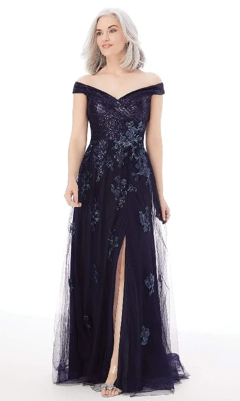 Wedding guest dresses with belted waists and knee - length skirtsMGNY By Mori Lee - 72228 Off Shoulder Sequin Net High Slit A-Line Gown