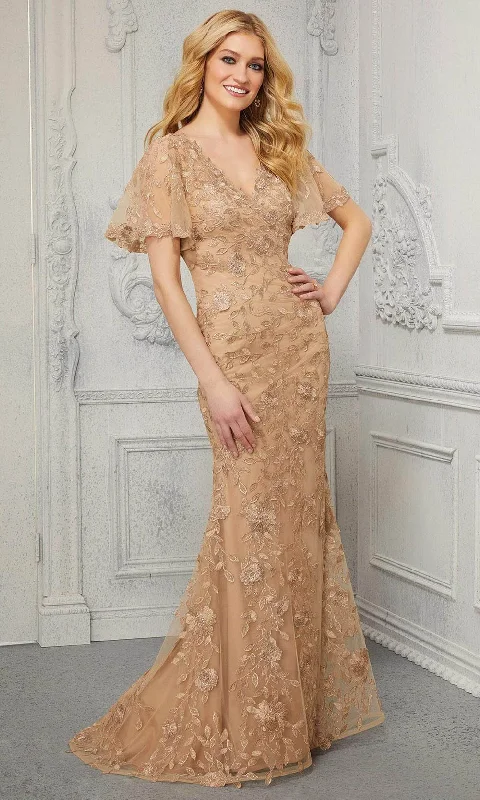 Satin wedding guest dresses with side slits for a sexy touchMGNY By Mori Lee - 72413 V-Neck Embroidered Evening Dress