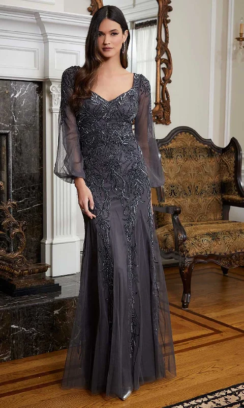 Midi wedding guest dresses in navy blue for a formal affairMGNY By Mori Lee 72820 - Bishop Sleeve Beaded Evening Gown Midi wedding guest dresses in navy blue for a formal affairMGNY By Mori Lee 72820 - Bishop Sleeve Beaded Evening Gown