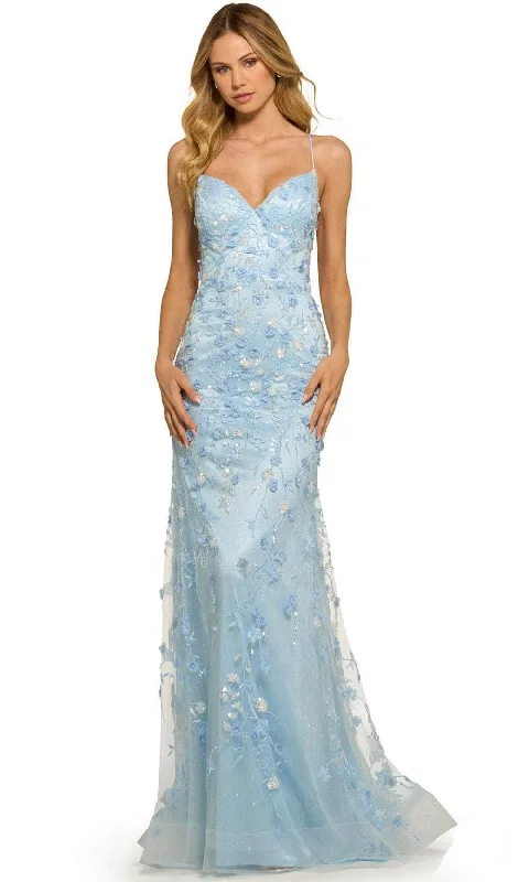 Wedding guest dresses with cold - shoulder designs and solid colorsSherri Hill 55531 - Thin Strapped Floral Patterned Long Gown