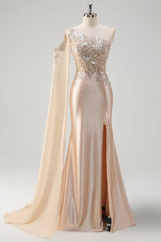 Ribbed - texture cocktail dresses with a cap - sleeve designSparkly Champagne Mermaid One Shoulder Sequin Long Prom Dress with Slit