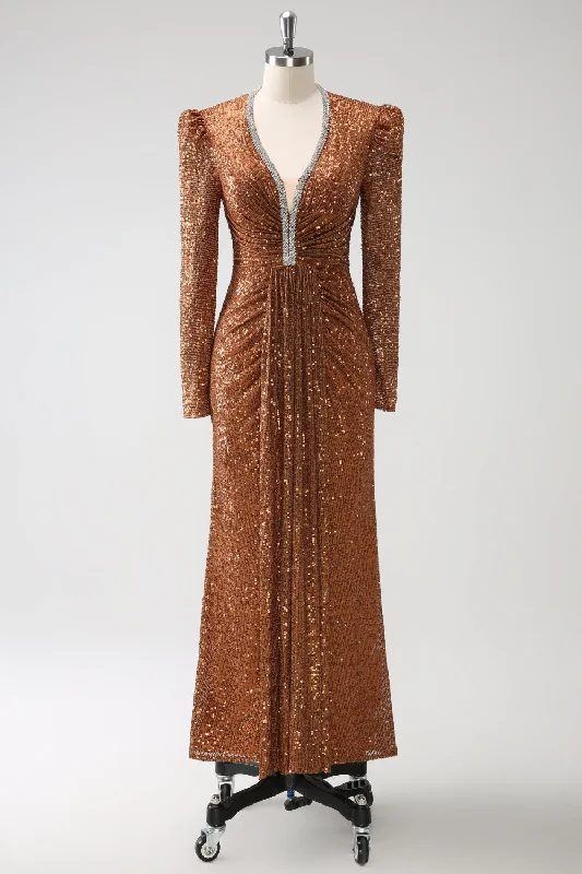 Cocktail dresses with a keyhole back and a midi - lengthSparkly Coffee V-Neck Sheath Sequins Long Prom Dress Cocktail dresses with a keyhole back and a midi - lengthSparkly Coffee V-Neck Sheath Sequins Long Prom Dress