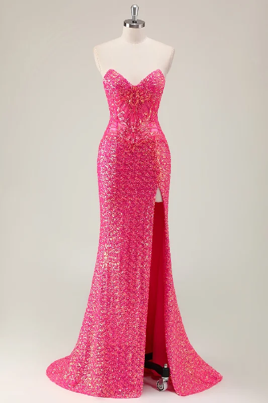 Mini cocktail dresses with a ruffled hem and a solid colorSparkly Fuchsia Mermaid Strapless Long Prom Dress with Slit Mini cocktail dresses with a ruffled hem and a solid colorSparkly Fuchsia Mermaid Strapless Long Prom Dress with Slit
