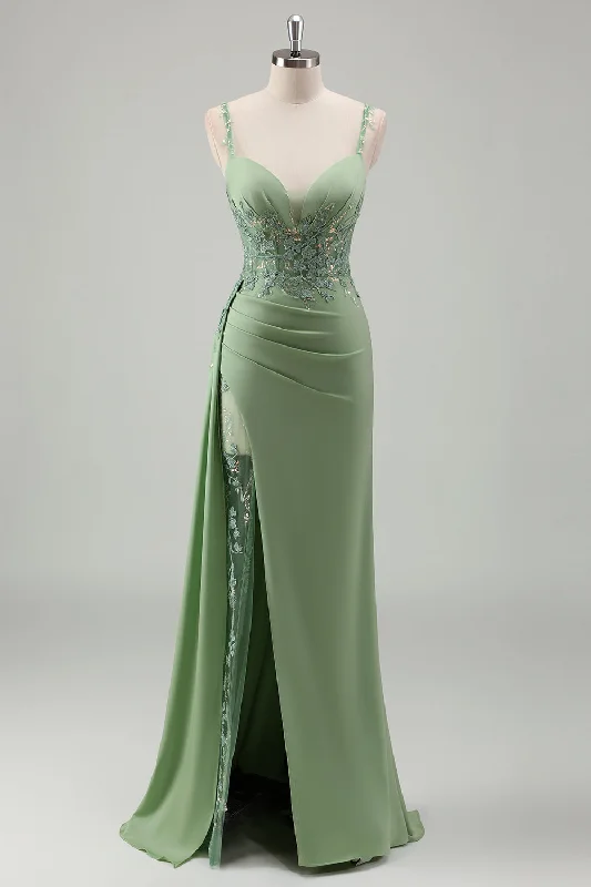 Cocktail dresses with a cut - out detail and a body - con fitSparkly Light Green Mermaid Spaghetti Straps Appliques Long Prom Dress with Slit Cocktail dresses with a cut - out detail and a body - con fitSparkly Light Green Mermaid Spaghetti Straps Appliques Long Prom Dress with Slit
