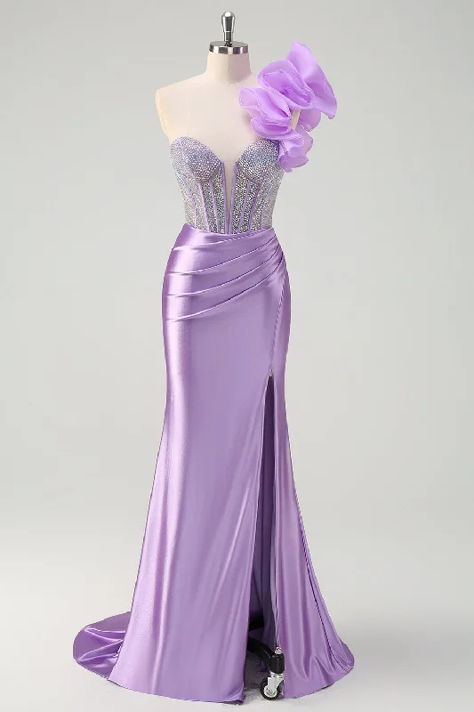 Little black cocktail dresses with lace detailingSparkly Lilac Mermaid Beaded Corset One Shoulder Long Prom Dress with Slit