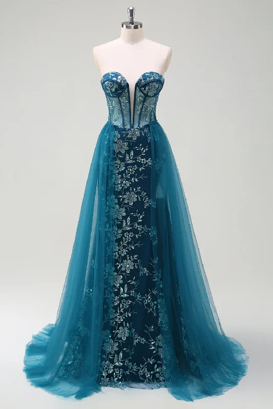 Ribbed - texture cocktail dresses with a cap - sleeve designSparkly Peacock Blue Mermaid Strapless Corset Long Prom Dress with Slit Ribbed - texture cocktail dresses with a cap - sleeve designSparkly Peacock Blue Mermaid Strapless Corset Long Prom Dress with Slit