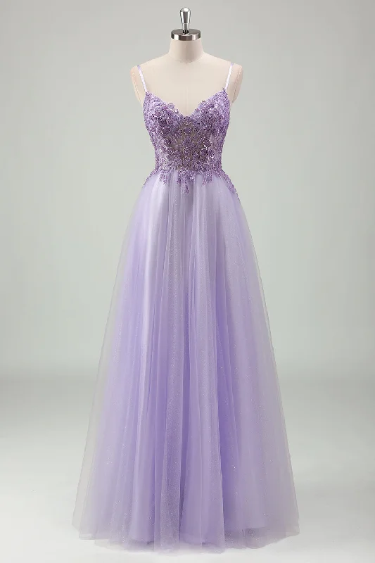 A - line cocktail dresses with floral embroidery for spring partiesSparkly Purple A-Line Spaghetti Straps Corset Long Prom Dress with Appliques A - line cocktail dresses with floral embroidery for spring partiesSparkly Purple A-Line Spaghetti Straps Corset Long Prom Dress with Appliques