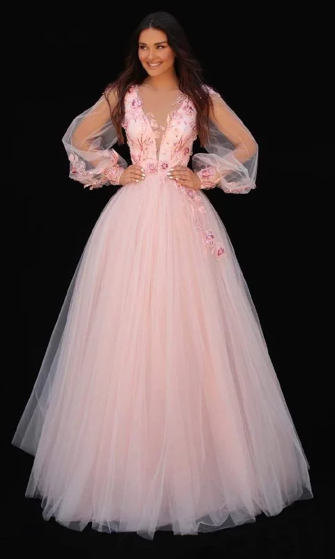 Wedding guest dresses with tassel - adorned belts and A - line skirtsTarik Ediz - 51033 Sheer Lace Applique Gown