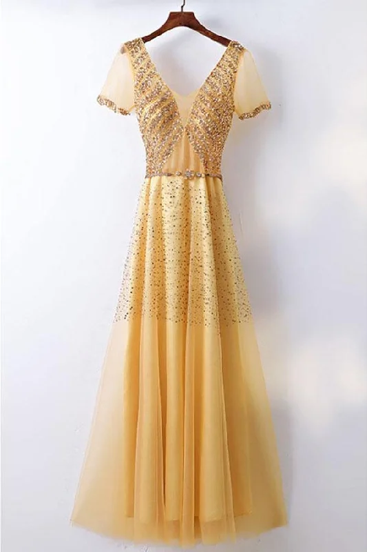 Short - length party dresses with a ruffled skirt for a flirty lookA-line Bling Bling Sparkly Gold Formal Prom Dress With Sleeves PG614 Short - length party dresses with a ruffled skirt for a flirty lookA-line Bling Bling Sparkly Gold Formal Prom Dress With Sleeves PG614