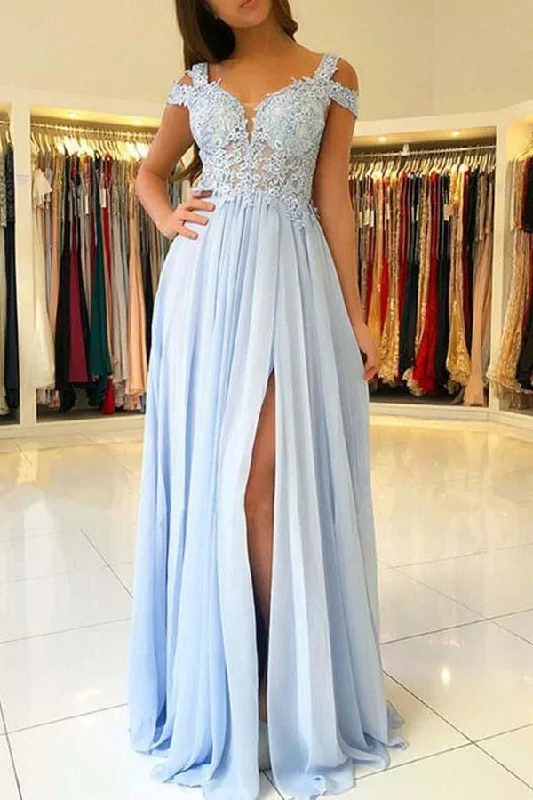 Party dresses with a sheer panel for a hint of allureA-Line Cold Shoulder Light Blue Chiffon Prom Dress with Appliques PG610 Party dresses with a sheer panel for a hint of allureA-Line Cold Shoulder Light Blue Chiffon Prom Dress with Appliques PG610