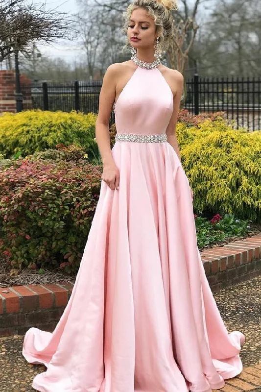 Party dresses with a ruched fabric for a textured and flattering effectA-Line Pink Satin Open Back Sleeveless Prom Dress with Beading PG602 Party dresses with a ruched fabric for a textured and flattering effectA-Line Pink Satin Open Back Sleeveless Prom Dress with Beading PG602