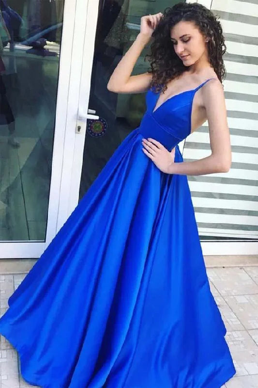 Party dresses with a cut - out design for a daring and edgy styleA-Line Spaghetti Straps Floor-Length Royal Blue Satin Prom Dress PG604 Party dresses with a cut - out design for a daring and edgy styleA-Line Spaghetti Straps Floor-Length Royal Blue Satin Prom Dress PG604