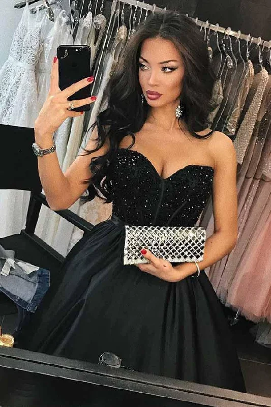 Party dresses with a paisley pattern for a bohemian - inspired look​A-Line Sweetheart Navy Blue Satin Prom Dress with Beading  PG573