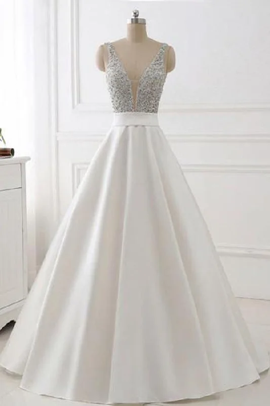 Party dresses with a criss - cross back design for a stylish detailA-line V-neck Beaded Top Ivory Satin Long Prom/Evening Dress PG601 Party dresses with a criss - cross back design for a stylish detailA-line V-neck Beaded Top Ivory Satin Long Prom/Evening Dress PG601