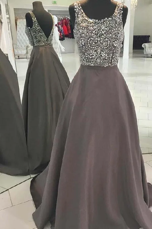 Cocktail party dresses in a classic little black dress style​Backless Grey Beaded V Neck A-line Long Evening Prom Dresses  PG578