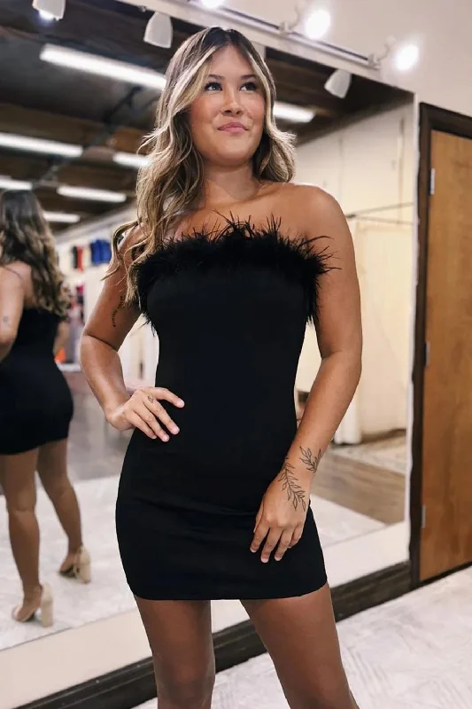 Party dresses with a satin - lined interior for added comfortBlack Bodycon Strapless Short Prom Dress with Feathers Party dresses with a satin - lined interior for added comfortBlack Bodycon Strapless Short Prom Dress with Feathers