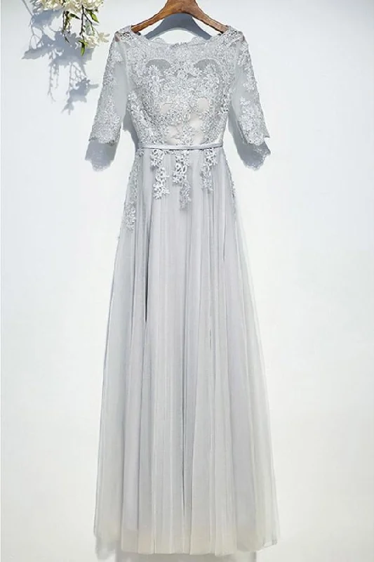 Long - length party dresses with a high - low hem for a trendy styleClassy Silver Flowy Long Tulle Prom Dress With Short Sleeves PG599 Long - length party dresses with a high - low hem for a trendy styleClassy Silver Flowy Long Tulle Prom Dress With Short Sleeves PG599