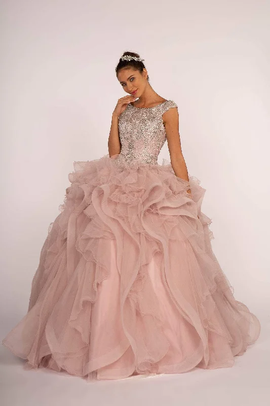 Formal dresses with ruched back panels and button - down fronts for a unique and flattering fitElizabeth K - GL2514 Cap Sleeve Metallic Beaded Cascading Ballgown Formal dresses with ruched back panels and button - down fronts for a unique and flattering fitElizabeth K - GL2514 Cap Sleeve Metallic Beaded Cascading Ballgown