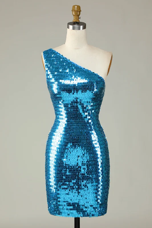 Glitter Royal Blue One Shoulder Sequins Tight Party Dress