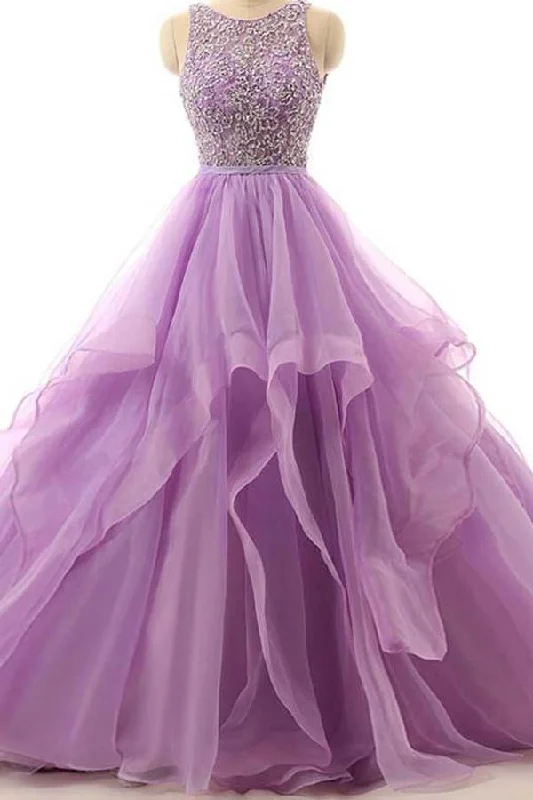 Party dresses with a sheer panel for a hint of allure​Illusion A-line Organza Evening Prom Dresses With Beading  PG574
