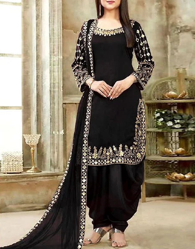 Party dresses with a one - shoulder design for a modern and unique lookMirror Work Embroidered Black Chiffon Dress (DZ13562) Party dresses with a one - shoulder design for a modern and unique lookMirror Work Embroidered Black Chiffon Dress (DZ13562)