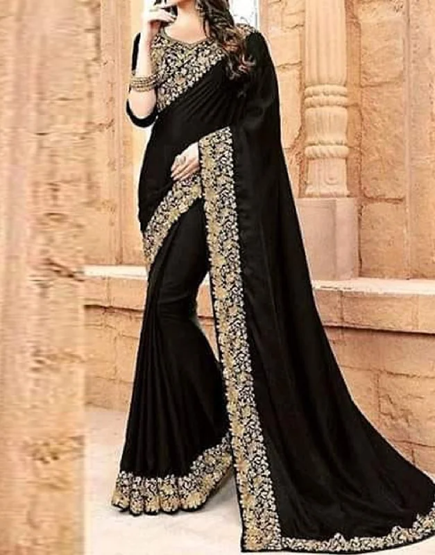 Party dresses with a metallic finish for a shiny and eye - catching effectIndian Embroidered Black Chiffon Saree (DZ11556) Party dresses with a metallic finish for a shiny and eye - catching effectIndian Embroidered Black Chiffon Saree (DZ11556)