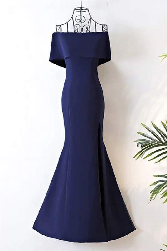 Party dresses with a metallic finish for a shiny and eye - catching effectLong Navy Blue Satin Mermaid Forma/Prom Dress Off The Shoulder PG613 Party dresses with a metallic finish for a shiny and eye - catching effectLong Navy Blue Satin Mermaid Forma/Prom Dress Off The Shoulder PG613