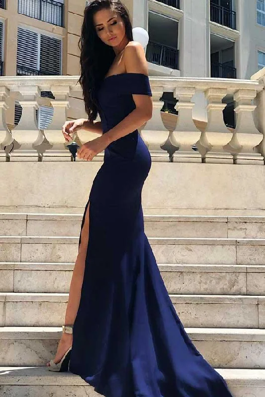 Tea - length party dresses for a sophisticated and versatile optionMermaid Off-the-Shoulder Sweep Train Split-Side Satin Prom Dress PG603 Tea - length party dresses for a sophisticated and versatile optionMermaid Off-the-Shoulder Sweep Train Split-Side Satin Prom Dress PG603