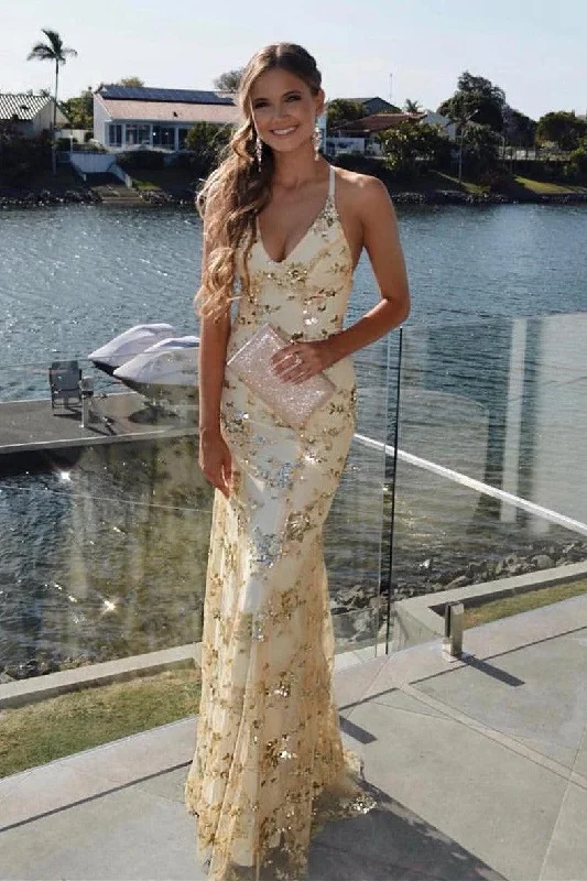 Party dresses with a one - shoulder design for a modern and unique lookMermaid Scoop Criss Cross Back Gold Prom Dress with Sequined PG609 Party dresses with a one - shoulder design for a modern and unique lookMermaid Scoop Criss Cross Back Gold Prom Dress with Sequined PG609