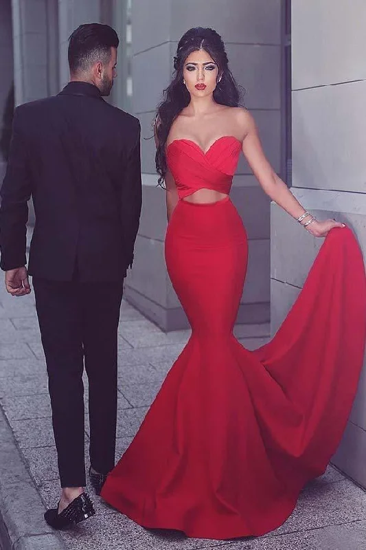 Party dresses with a metallic - thread embroidery for a luxurious touch​Mermaid Sweetheart Sweep Train Red Satin Prom/Evening Dress  PG566