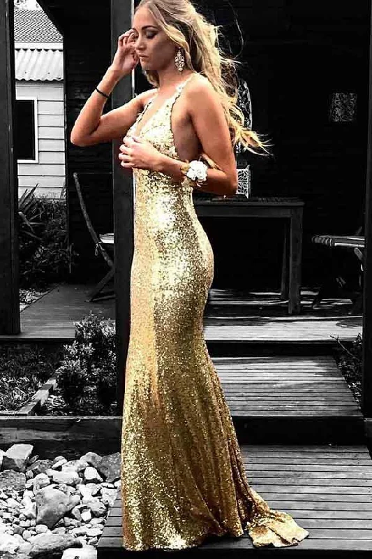 Party dresses with a V - neck design to enhance the necklineMermaid V-Neck Backless Gold Sequined Prom Dress with Appliques PG615 Party dresses with a V - neck design to enhance the necklineMermaid V-Neck Backless Gold Sequined Prom Dress with Appliques PG615