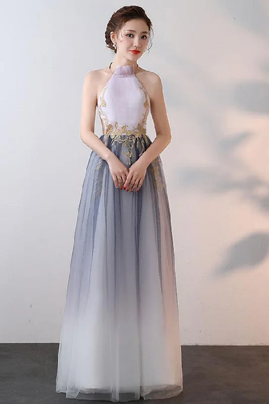 Party dresses with a cut - out design for a daring and edgy styleA-line High Neck Tulle Prom Dresses With Applique PG626 Party dresses with a cut - out design for a daring and edgy styleA-line High Neck Tulle Prom Dresses With Applique PG626