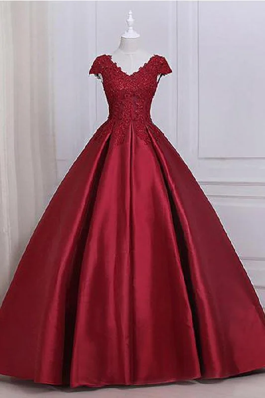 Party dresses with a polka - dot pattern for a classic and playful styleBall Gown Cap Sleeves Red Lace A line Long Evening Prom Dresses PG584 Party dresses with a polka - dot pattern for a classic and playful styleBall Gown Cap Sleeves Red Lace A line Long Evening Prom Dresses PG584