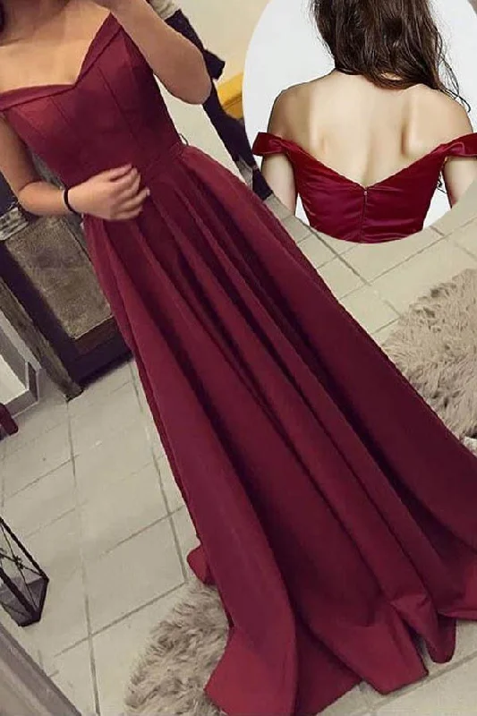 Gothic - style party dresses for a dark and mysterious look​Off-the-Shoulder Long Burgundy Prom Dresses Party Evening Gowns  PG568