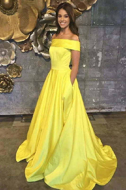 Party dresses with a one - shoulder design for a modern and unique lookOff The Shoulder Yellow Satin Sleeveless Prom Dress with Pockets PG594 Party dresses with a one - shoulder design for a modern and unique lookOff The Shoulder Yellow Satin Sleeveless Prom Dress with Pockets PG594