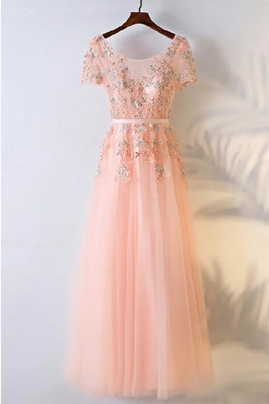 Party dresses with a detachable train for added versatilityPeachy Pink Round Neck Long Prom Dress With Short Sleeves PG600 Party dresses with a detachable train for added versatilityPeachy Pink Round Neck Long Prom Dress With Short Sleeves PG600