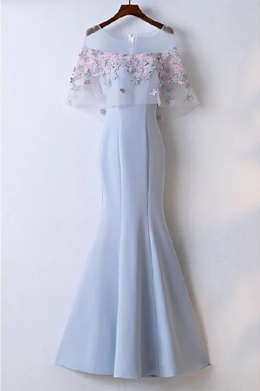 Fairy - themed party dresses with wings and glitter for a magical lookPretty Sky Blue Mermaid Long Prom Dress With Lace Flowers PG622 Fairy - themed party dresses with wings and glitter for a magical lookPretty Sky Blue Mermaid Long Prom Dress With Lace Flowers PG622