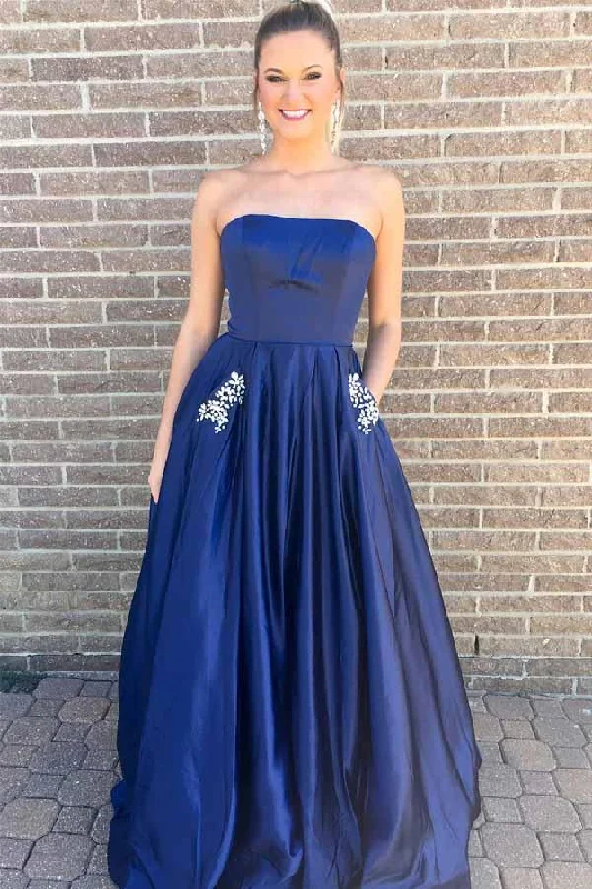Tea - length party dresses for a sophisticated and versatile option​Princess Strapless Royal Blue Long Prom Dress with Pockets  PG569