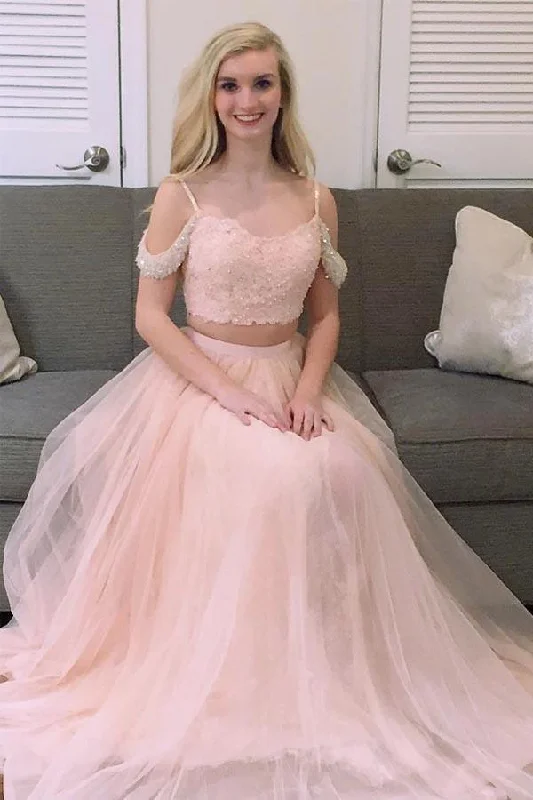 Party dresses with a geometric pattern for a contemporary look​Princess Two Piece Pink Tulle Long Prom Dress Evening Dress  PG570