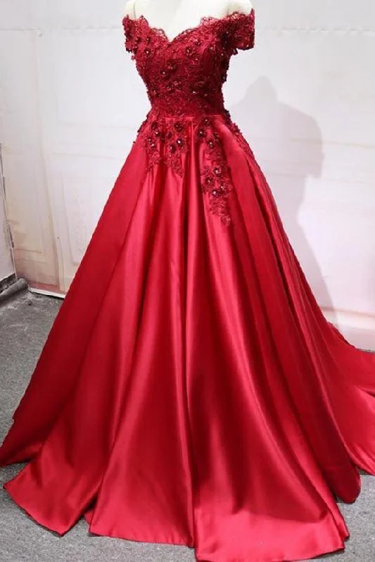 Party dresses with a metallic finish for a shiny and eye - catching effect​Red Off Shoulder Lace Long A-line Evening Prom Dresses  PG576