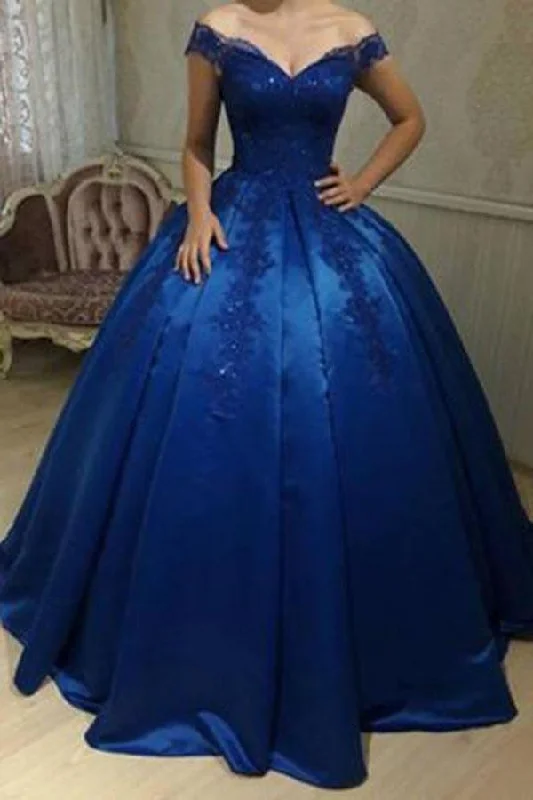 Halter - neck party dresses for a stylish and secure fit​Royal Blue Off Shoulder Lace A line Long Evening Prom Dresses  PG577