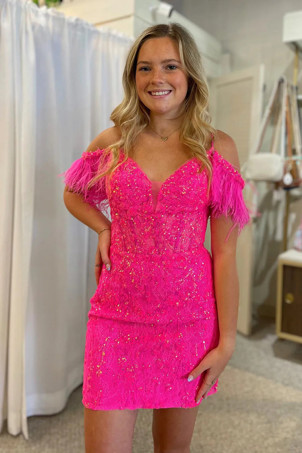 Sheath party dresses in a bold color for a statement - making outfit​Sparkly Fuchsia Tight Short Prom Dress with Feathers